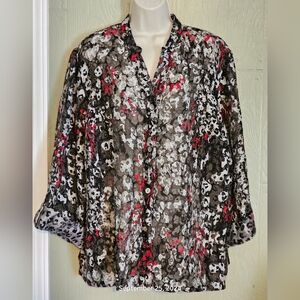 Ruby Rd Women's Blouse Plus Size 18W V-Neck Semi-sheer Tab Sleeves Button Front